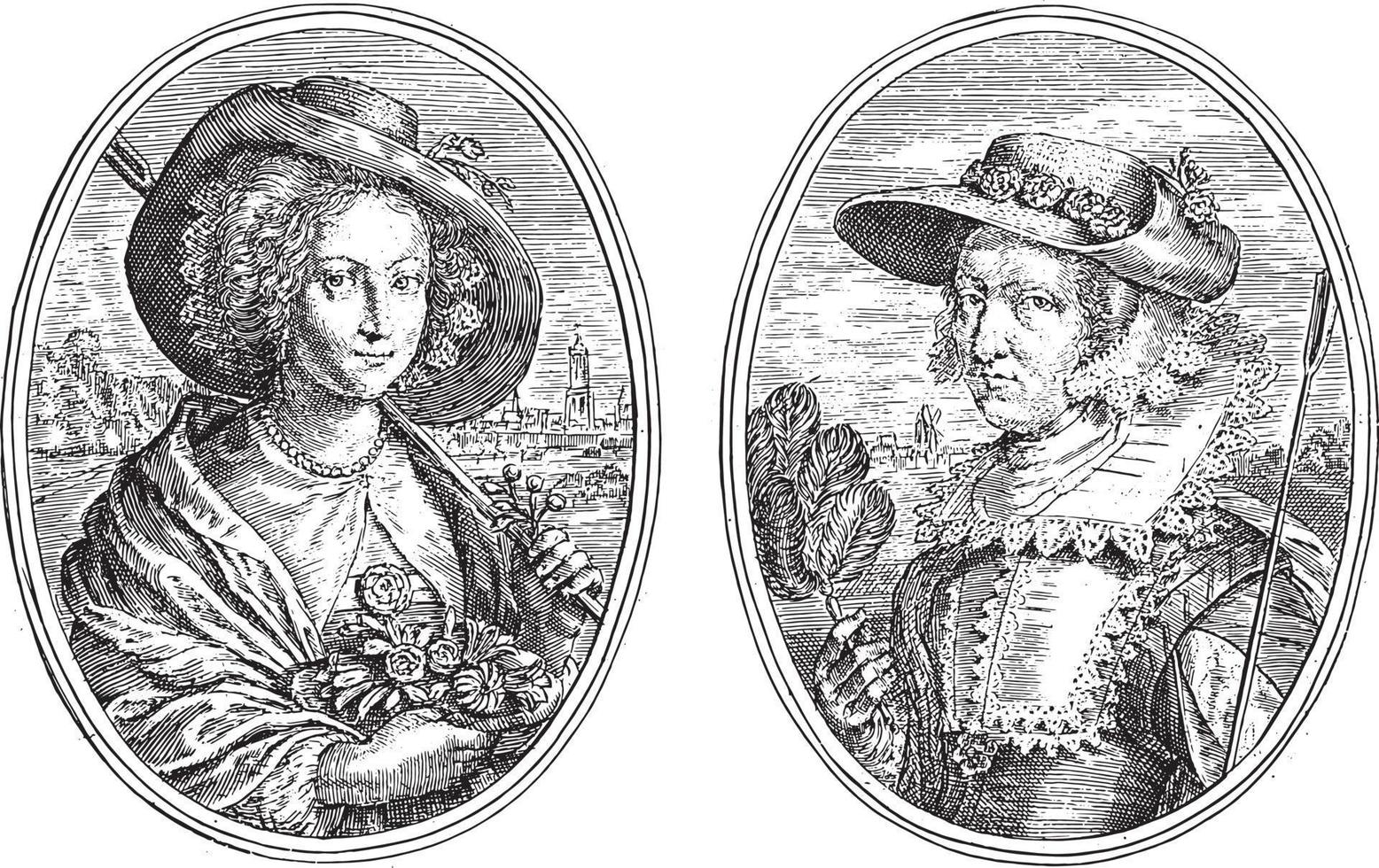 portretten van magdalena busje de passe en een onbekend vrouw, wijnoogst illustratie. vector