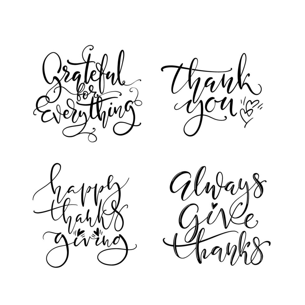 vector dankzegging belettering voor uitnodigingen of feestelijk groet kaarten. dun script handgeschreven schoonschrift reeks met divers zinnen over dankbaarheid en waardering.
