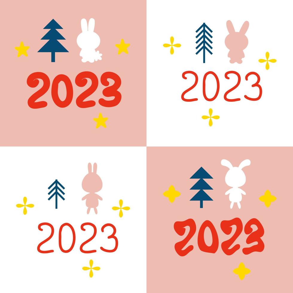 modieus viering nieuw jaar 2023 afdrukken verzameling met konijnen, bomen en sterren. vector