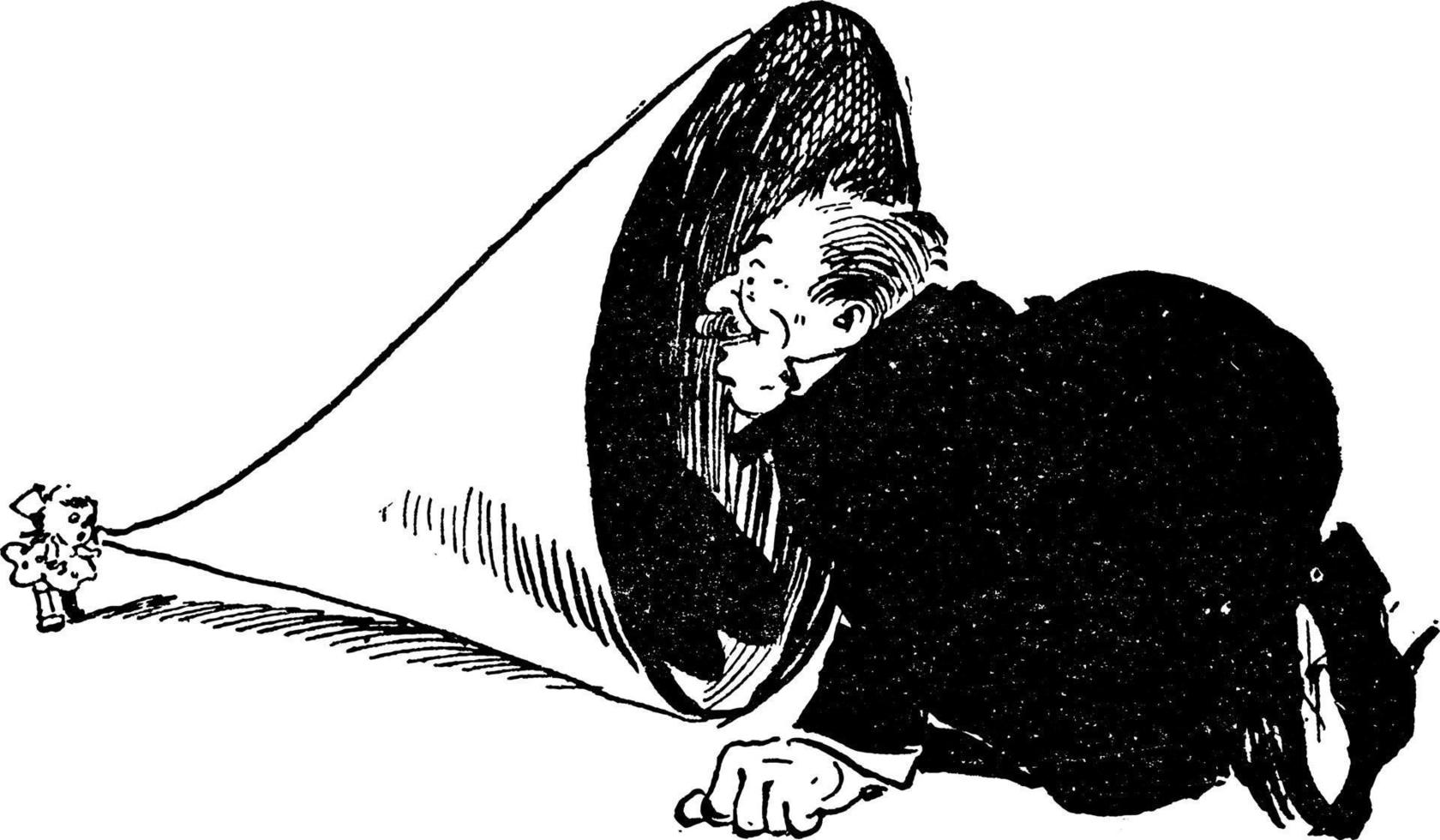 Mens plakken zijn hoofd binnen van Hoorn, wijnoogst illustratie. vector