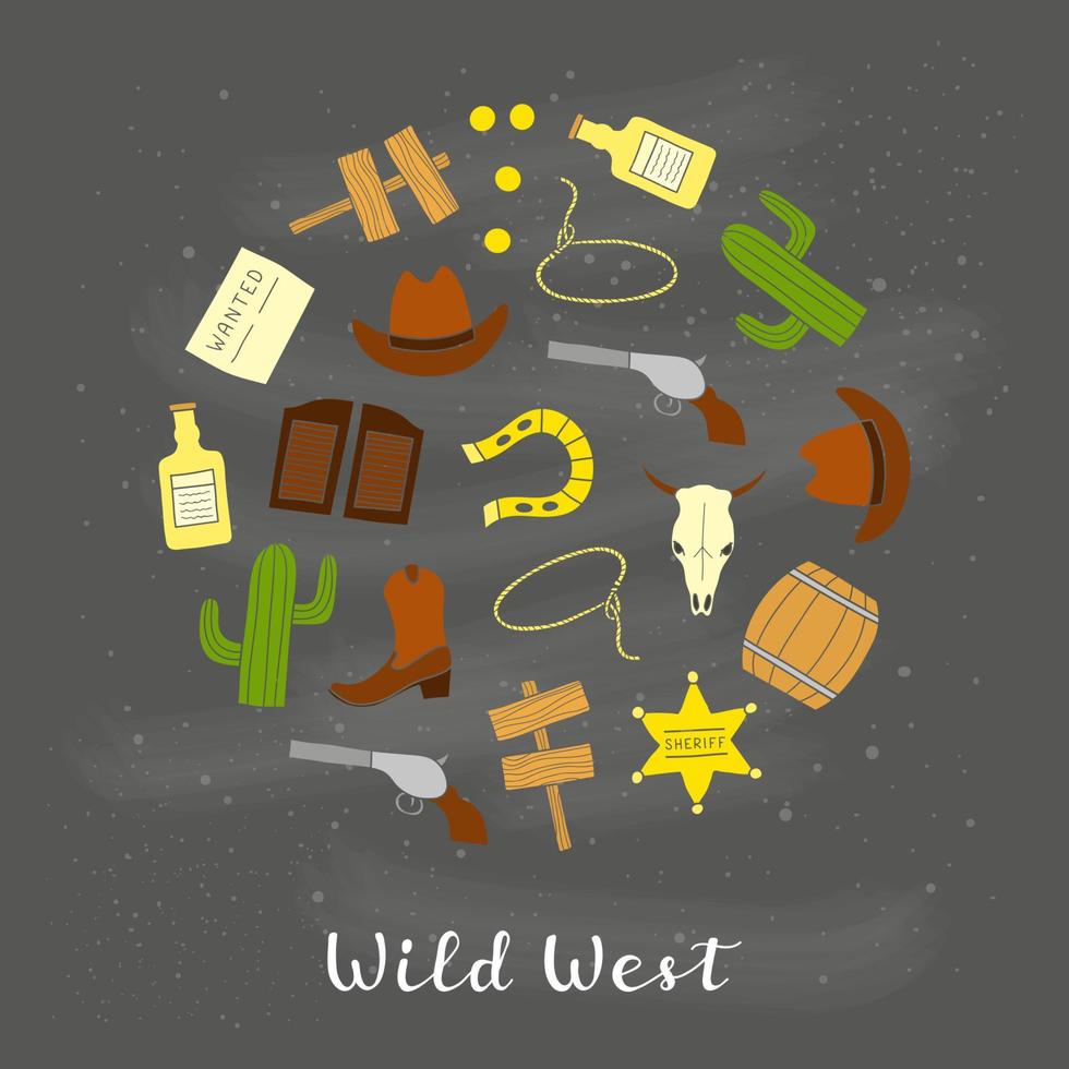 hand- getrokken wild west elementen in cirkel. vector