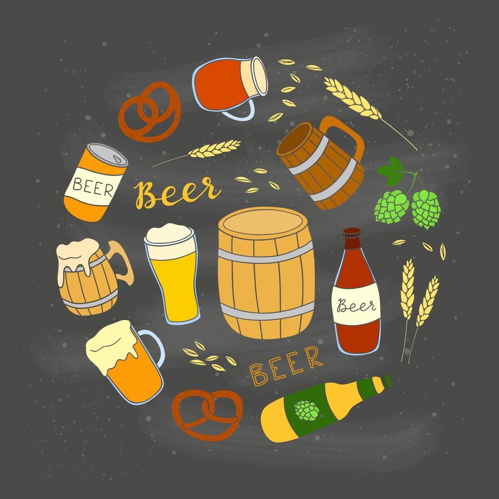 hand- getrokken bier items in cirkel. vector