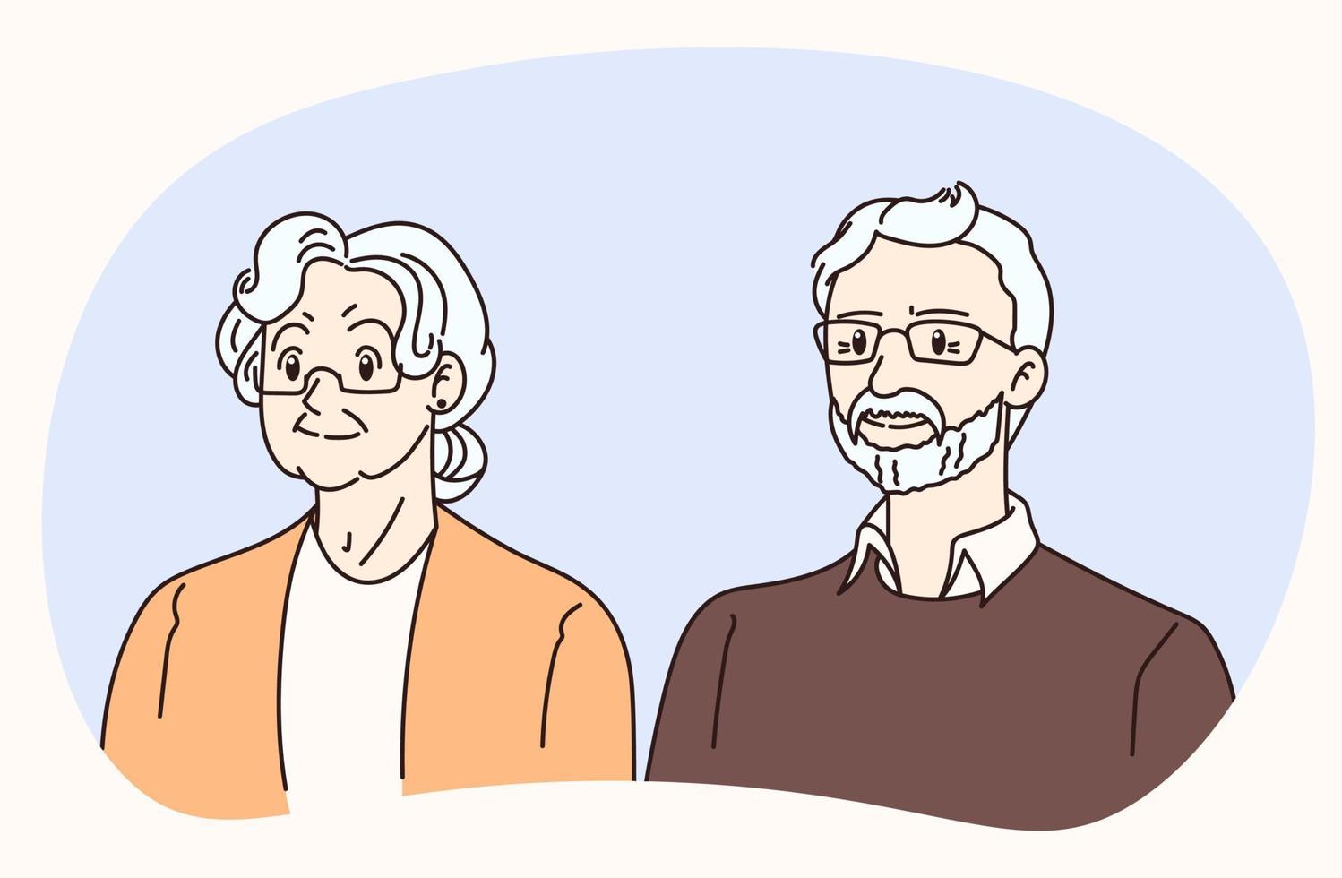 paar van gepensioneerden. glimlachen grootouders portret. vector illustratie geïsoleerd Aan wit achtergrond.