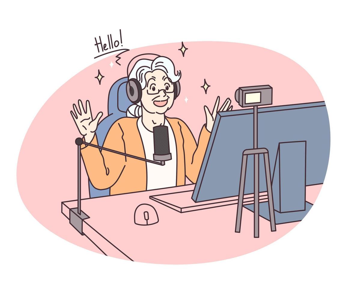 grootmoeder wimpel. ouderen vrouw gastheren live streaming video evenement. ouder generatie gebruik makend van modern techniek. emotie van geluk. vector illustratie geïsoleerd Aan wit achtergrond.