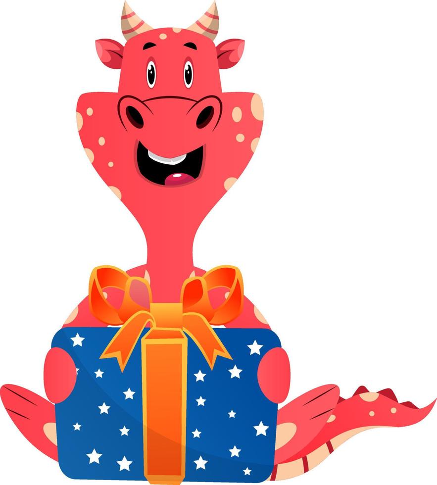 rood draak is Holding Cadeau, illustratie, vector Aan wit achtergrond.