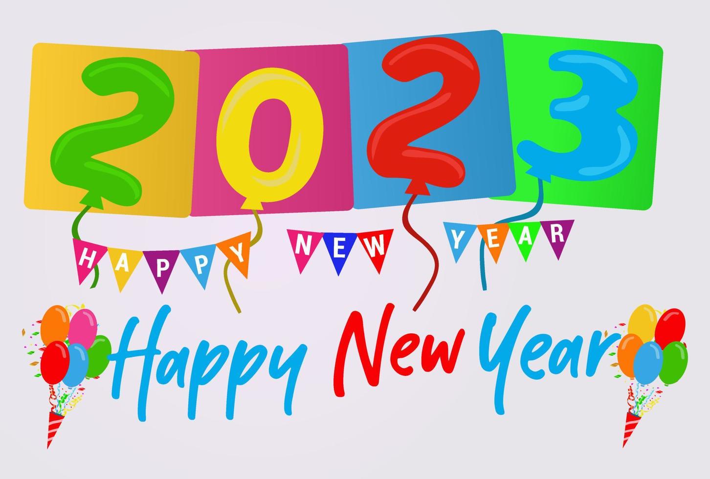 gelukkig nieuw jaar 2023 logo met kleurrijk ballonnen en confetti. vector illustratie