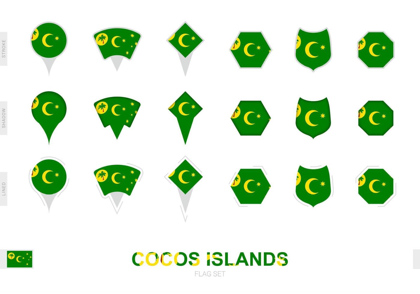 verzameling van de cocos eilanden vlag in verschillend vormen en met drie verschillend Effecten. vector