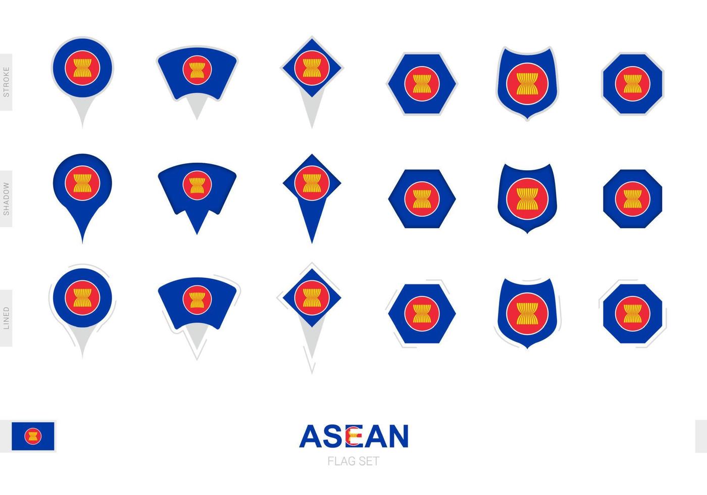 verzameling van de asean vlag in verschillend vormen en met drie verschillend Effecten. vector