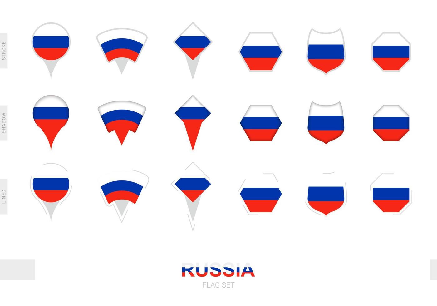 verzameling van de Rusland vlag in verschillend vormen en met drie verschillend Effecten. vector