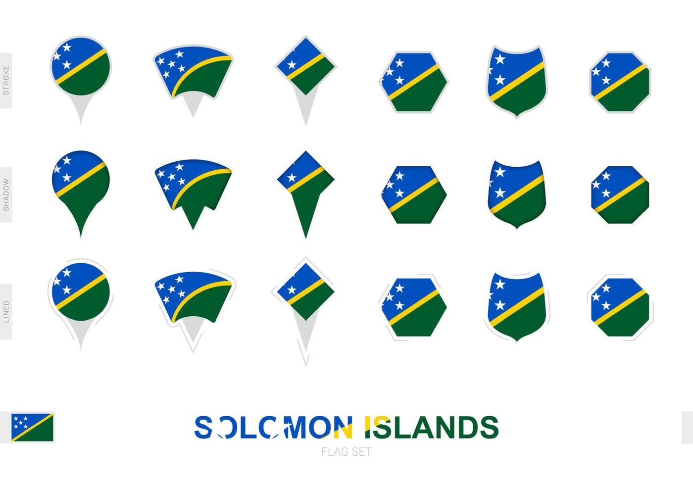 verzameling van de Solomon eilanden vlag in verschillend vormen en met drie verschillend Effecten. vector
