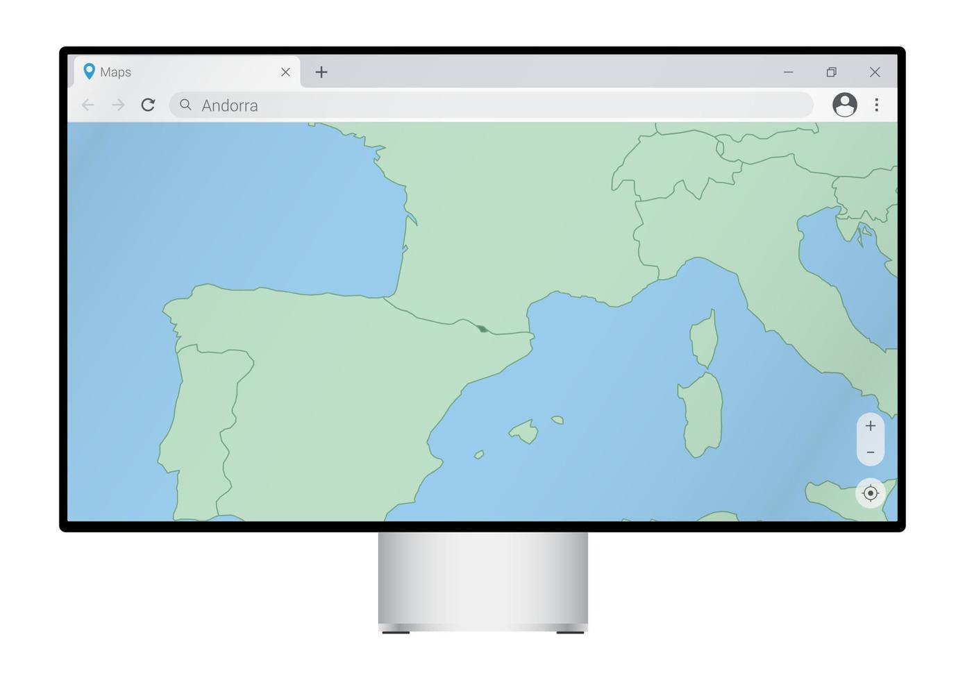 computer toezicht houden op met kaart van Andorra in browser, zoeken voor de land van Andorra Aan de web in kaart brengen programma. vector