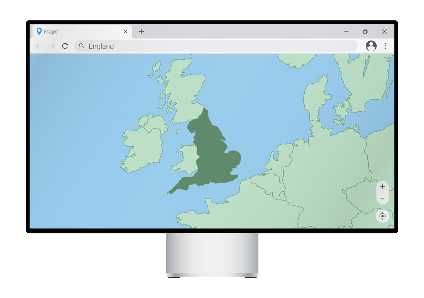 computer toezicht houden op met kaart van Engeland in browser, zoeken voor de land van Engeland Aan de web in kaart brengen programma. vector