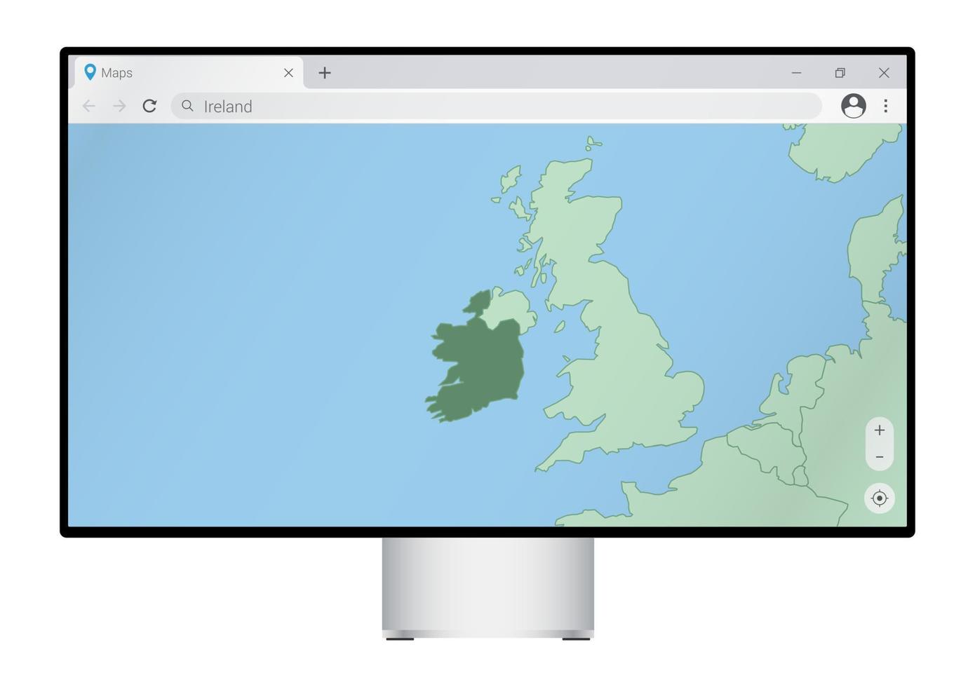 computer toezicht houden op met kaart van Ierland in browser, zoeken voor de land van Ierland Aan de web in kaart brengen programma. vector