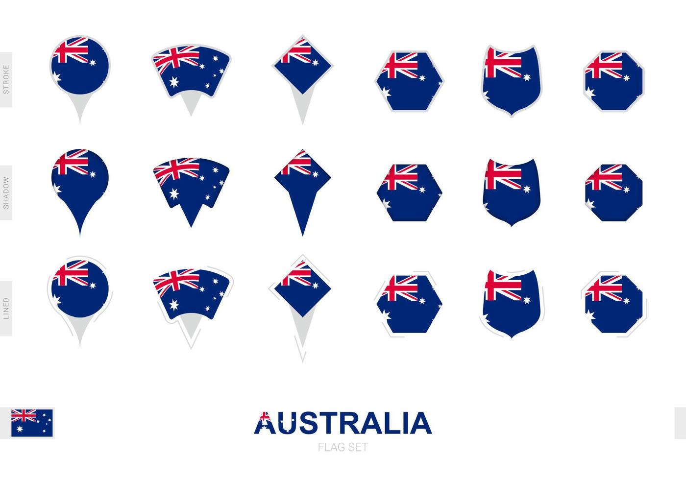verzameling van de Australië vlag in verschillend vormen en met drie verschillend Effecten. vector