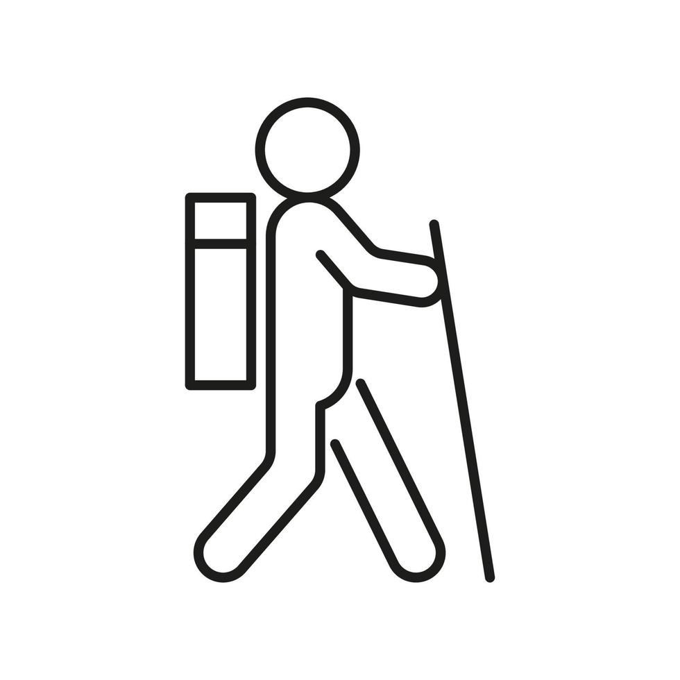 persoon reis, wandelaar en toerist, lijn icoon. Mens wandelen met zak en stok. vector schets teken