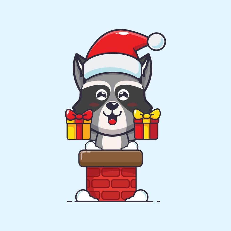 schattig wasbeer met de kerstman hoed in de schoorsteen. schattig Kerstmis tekenfilm illustratie. vector