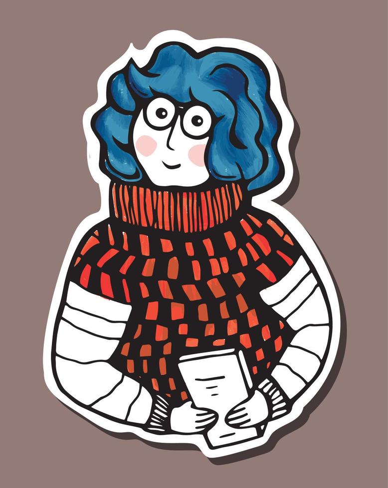 vrouw met bril lezing een boek. schattig hand- getrokken sticker illustratie. vector