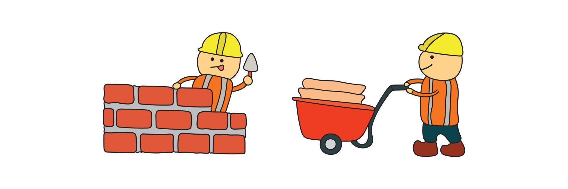 kinderen tekening vector illustratie van bouw arbeiders gebouw een stenen muur en voortvarend kruiwagen in een tekenfilm stijl.