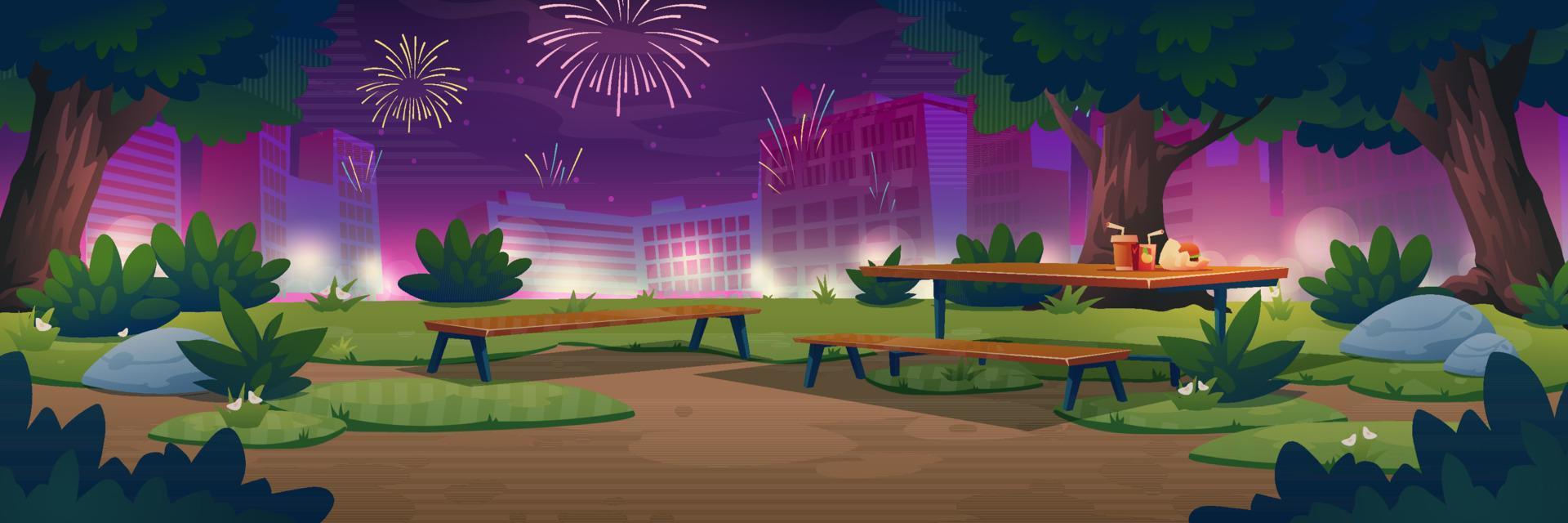 stad park met picknick tafel en vuurwerk Bij nacht vector
