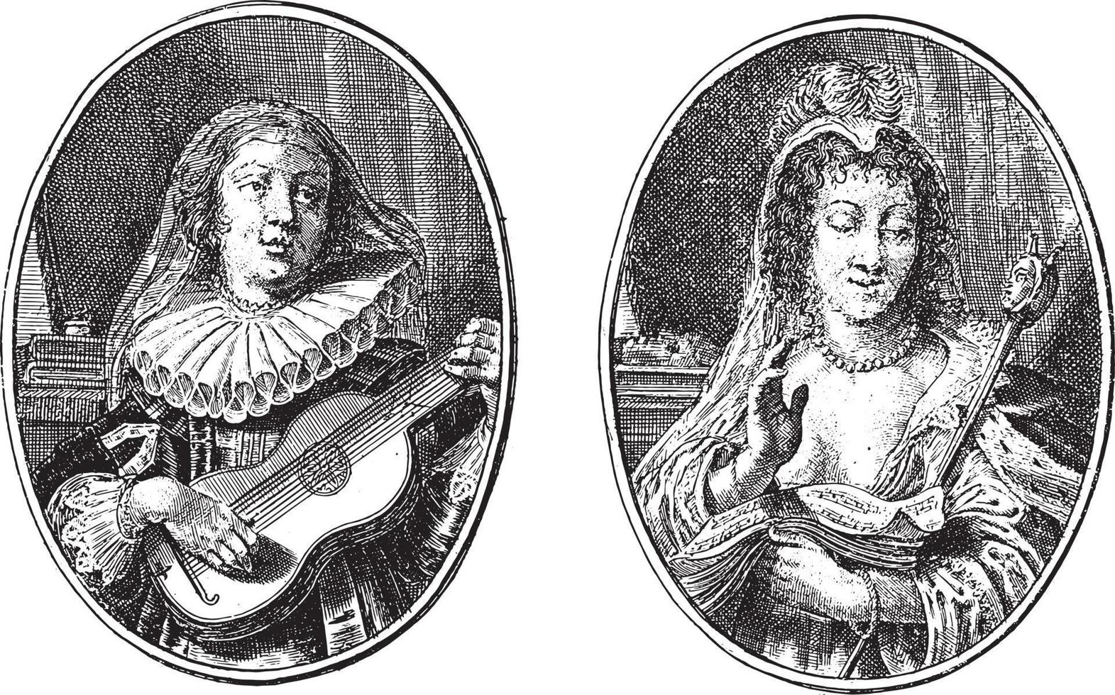 melpomene en Thalia, crispijn busje de passe ik, 1640, wijnoogst illustratie. vector