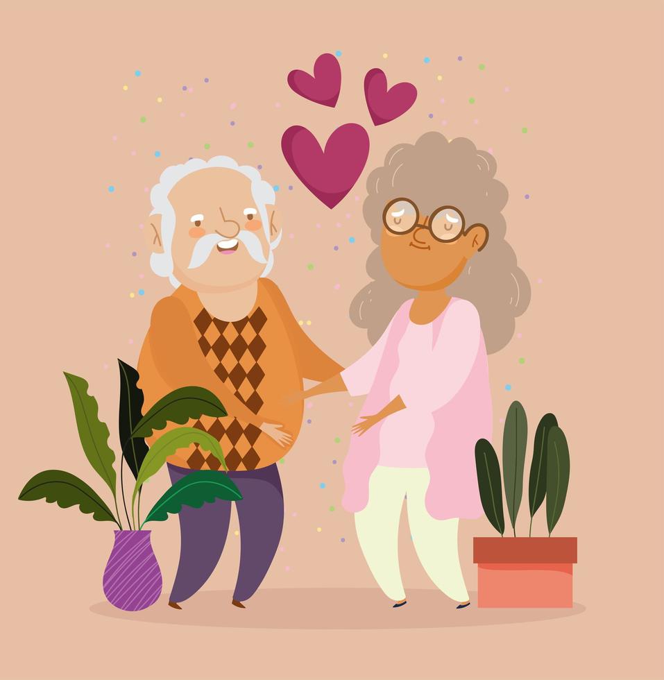 oud echtpaar met planten in pot en harten vector