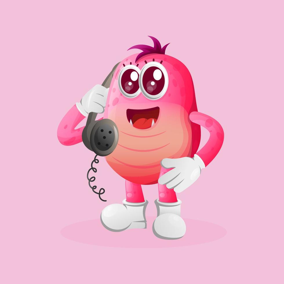 schattig roze monster plukken omhoog de telefoon, beantwoorden telefoon oproepen vector