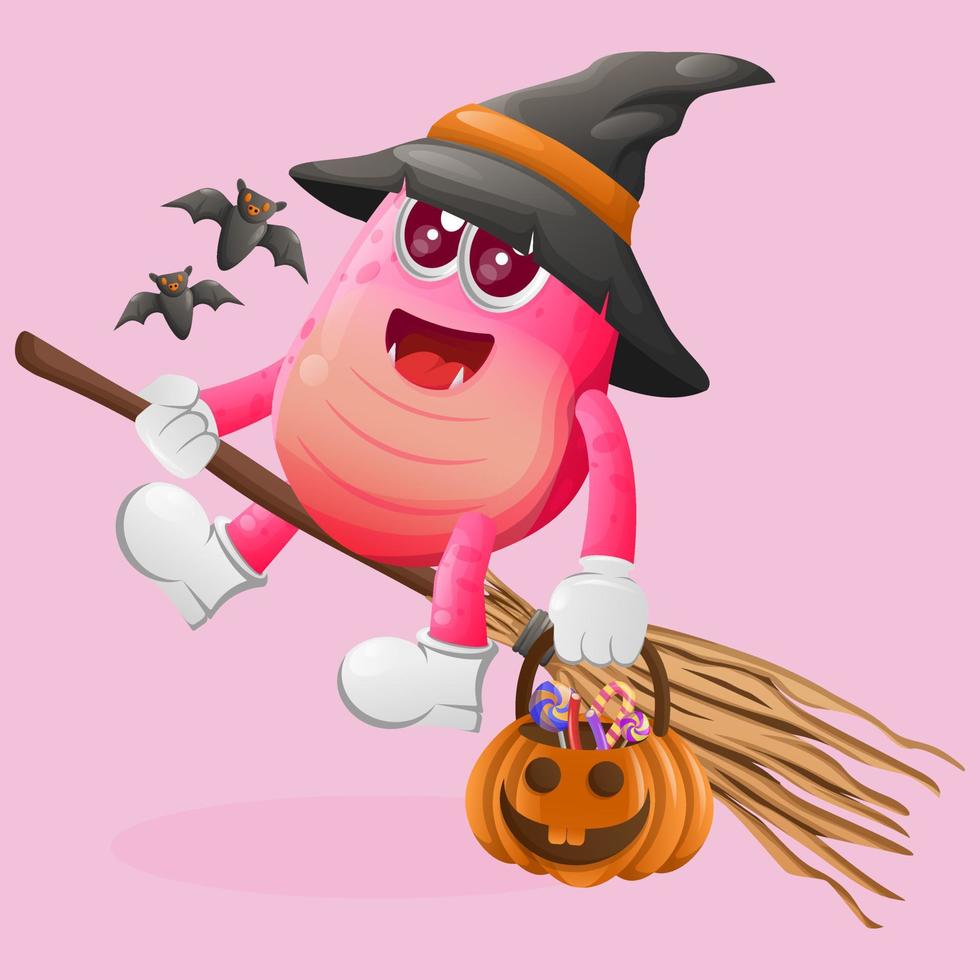 schattig roze monster heks met Holding halloween pompoen vector