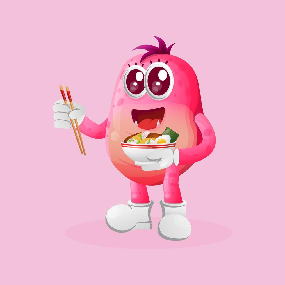 schattig roze monster eten ramen vector