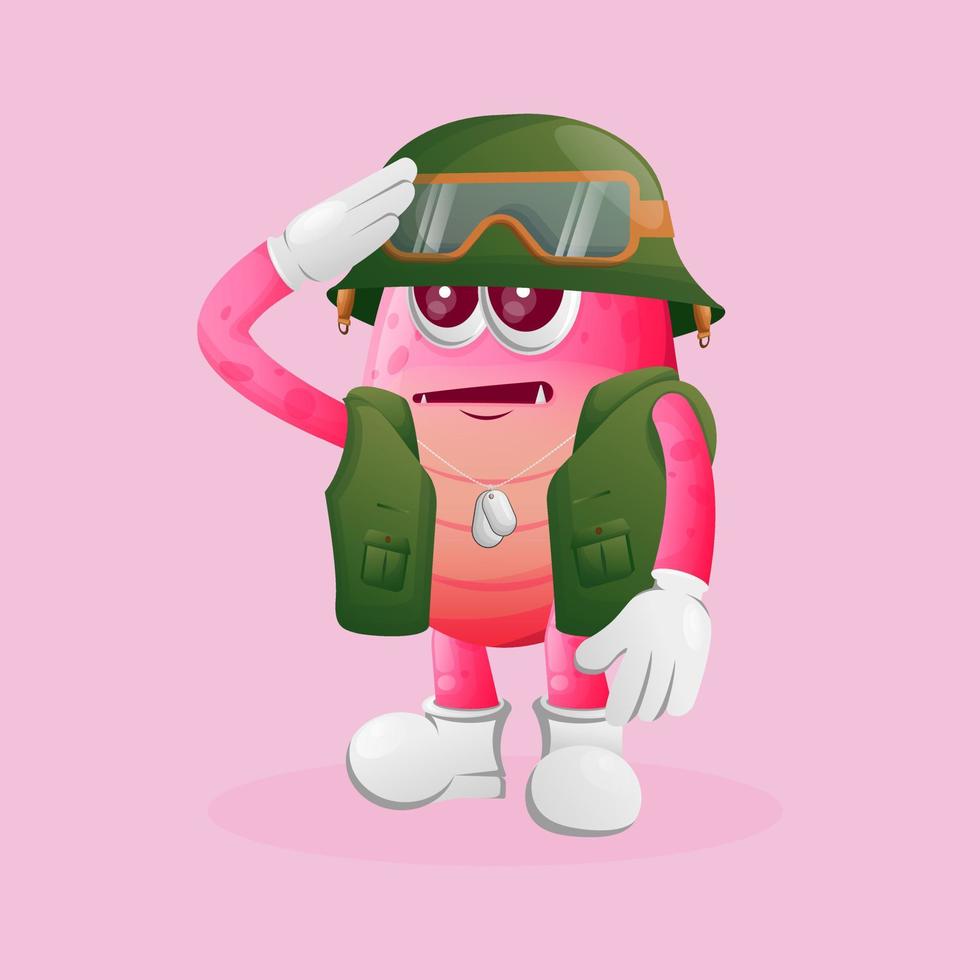 schattig roze monster soldaat in groen uniform vector