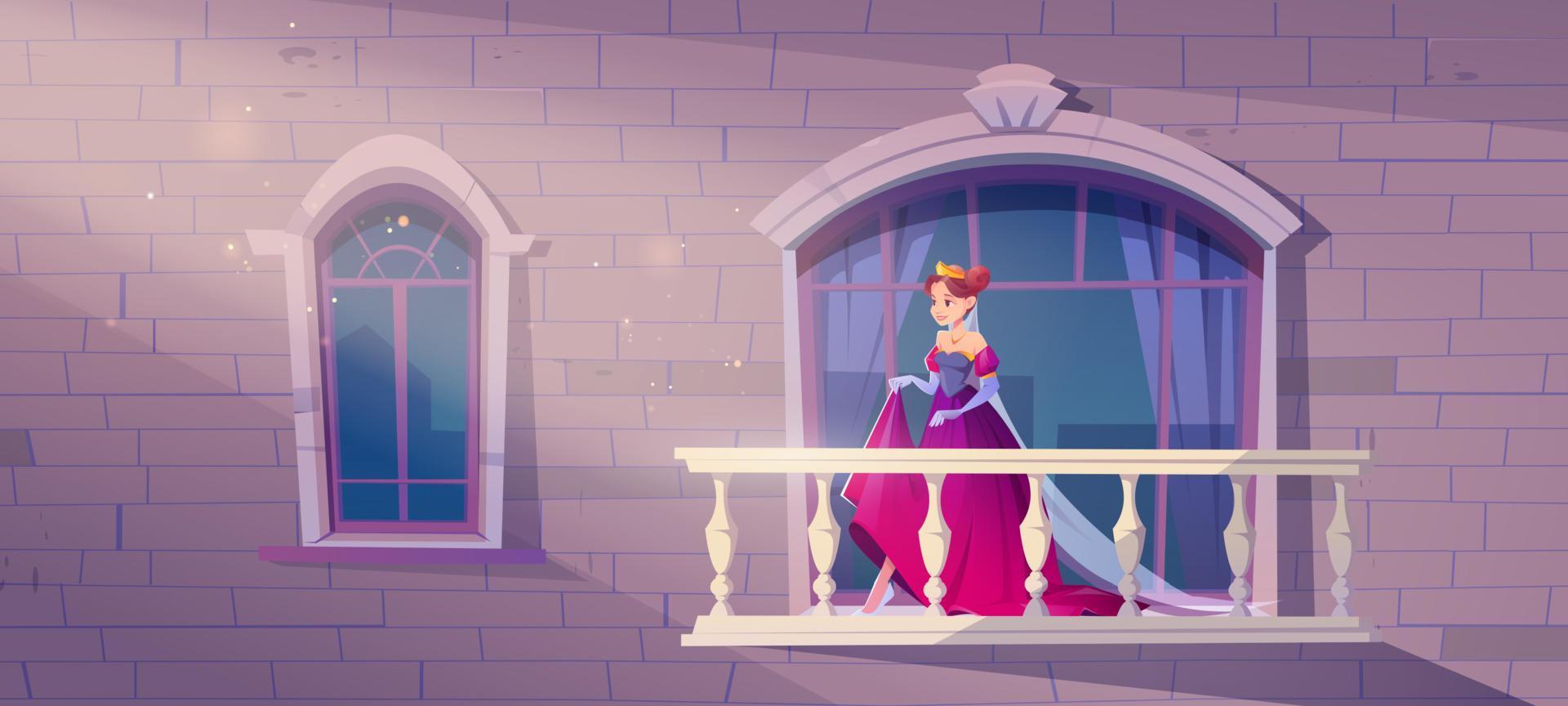 prinses in roze jurk Aan paleis balkon vector