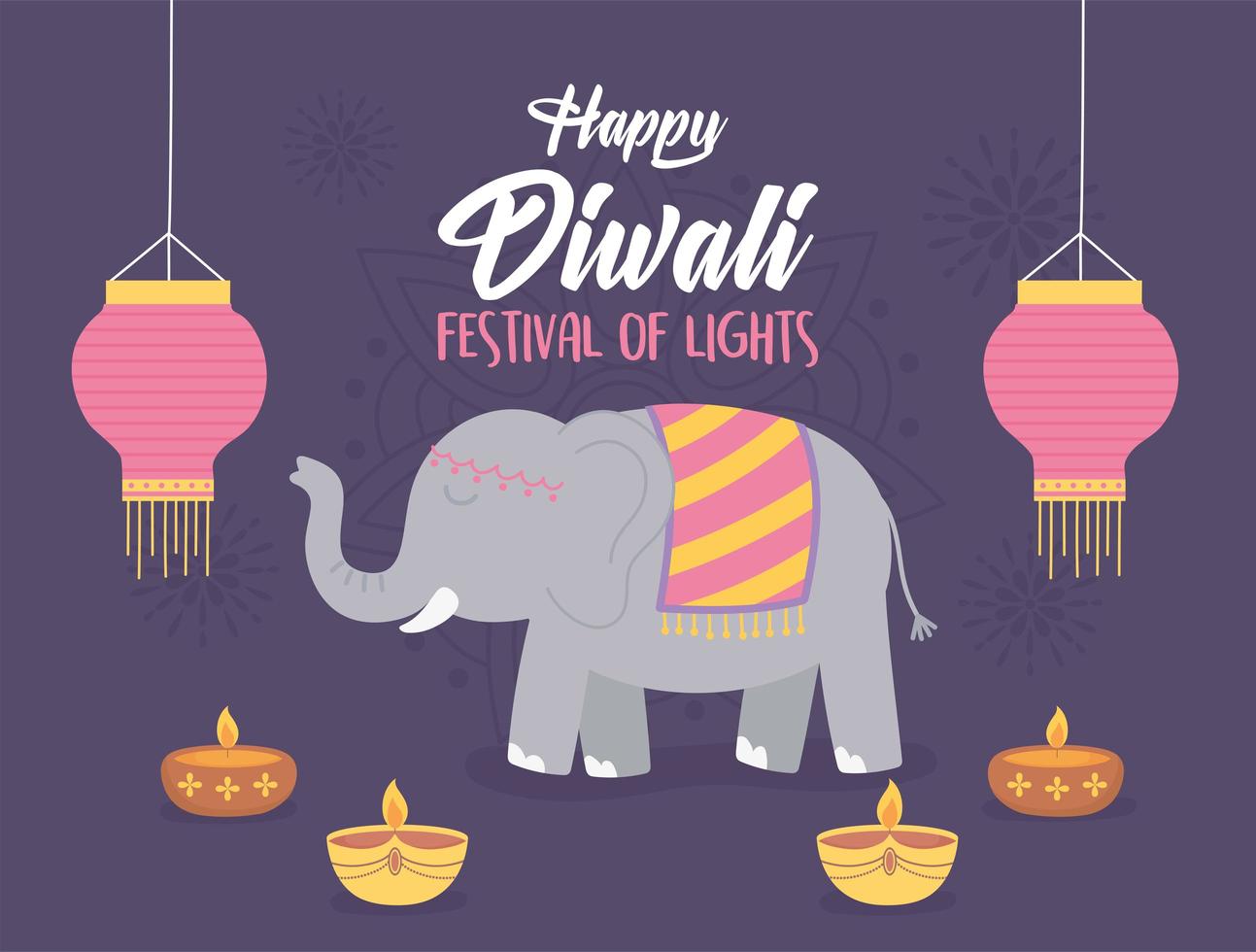 olifant en lampen voor diwali-festivalviering vector