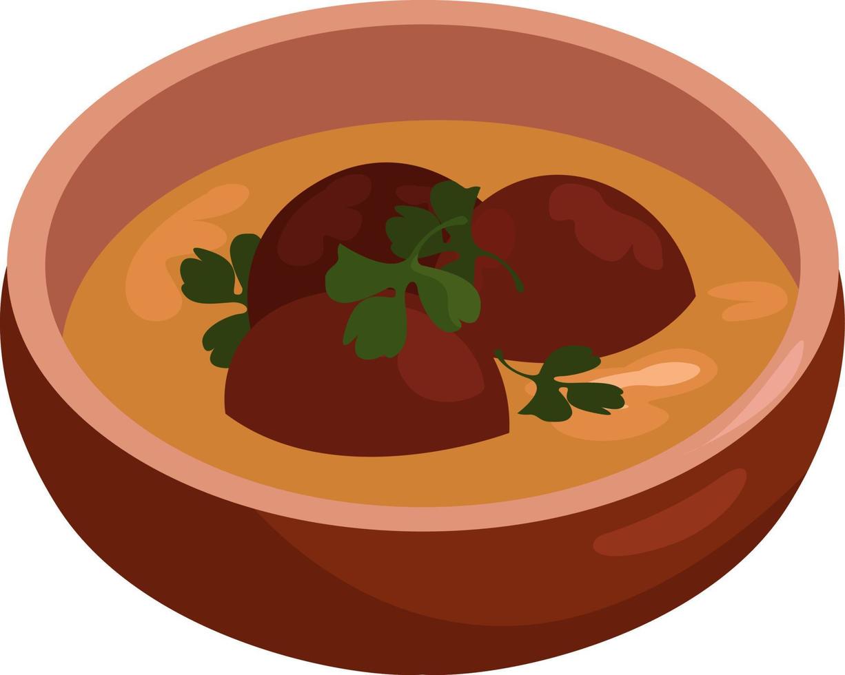 soep met vlees, illustratie, vector Aan wit achtergrond.