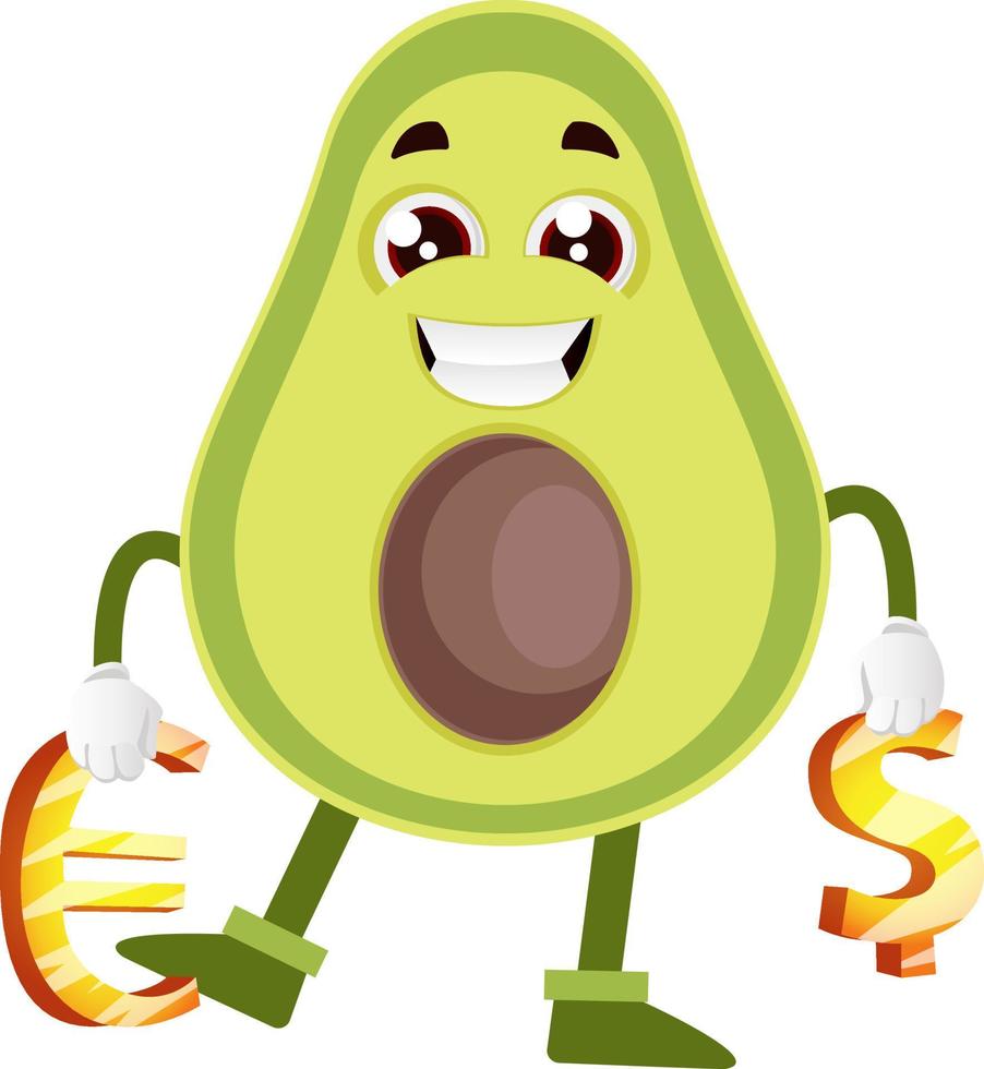 avocado met geld teken, illustratie, vector Aan wit achtergrond.