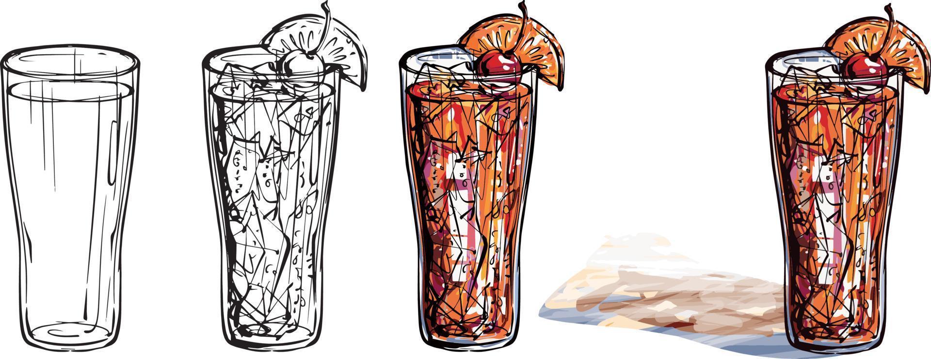 cocktail glas set. zwart en wit en kleur vector tekening. voor kleuren en illustratie.