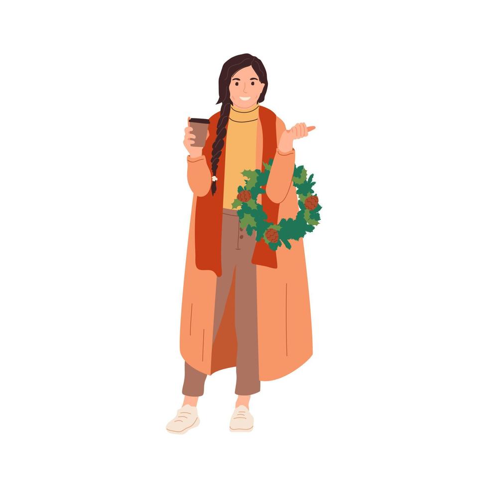 gelukkig vrouw buitenshuis in winter met koffie, draag- Kerstmis deur lauwerkrans. meisje met Kerstmis vakantie decoratie. vector illustratie geïsoleerd Aan wit achtergrond