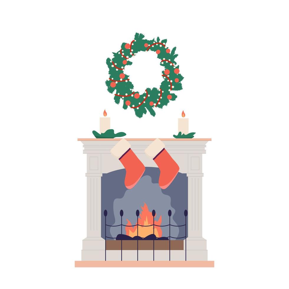 Kerstmis haard geïsoleerd Aan wit achtergrond. Kerstmis decoraties, kaarsen en sokken. vector illustratie