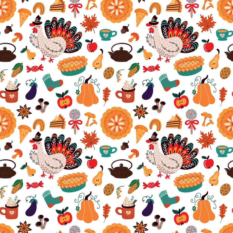 dankzegging patroon met kalkoen en herfst voedsel vector