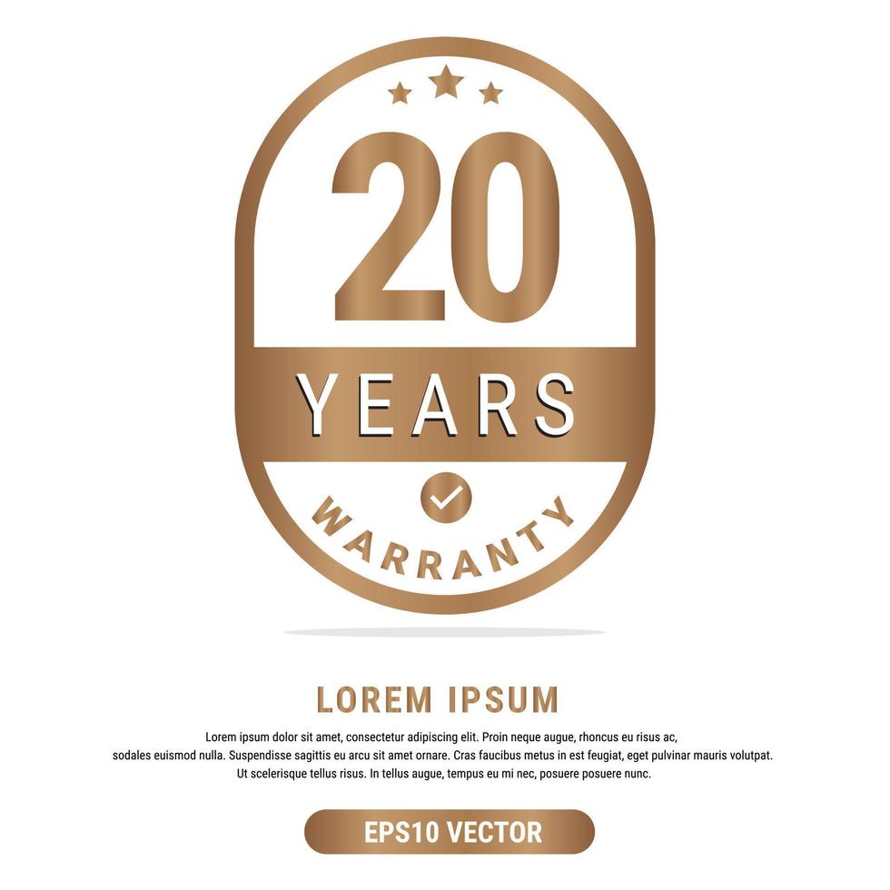 20 jaar garantie vector kunst illustratie in goud kleur met fantastisch doopvont en wit achtergrond. eps10 vector