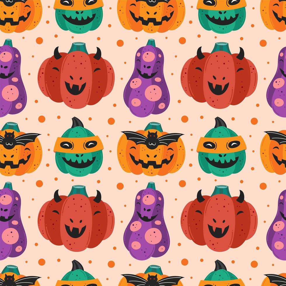 griezelige pompoenen in kostuums halloween naadloos patroon vector
