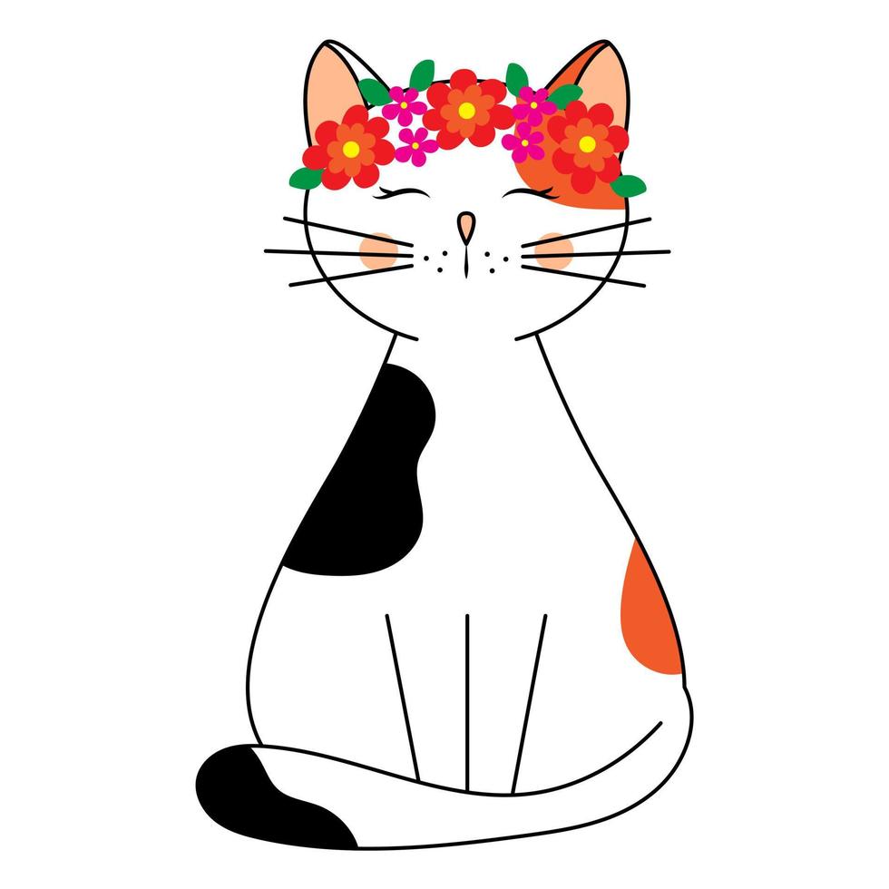 schattig kat in een lauwerkrans. Hoi de lente. kinderen voorjaar illustratie in tekening stijl. vector grafiek