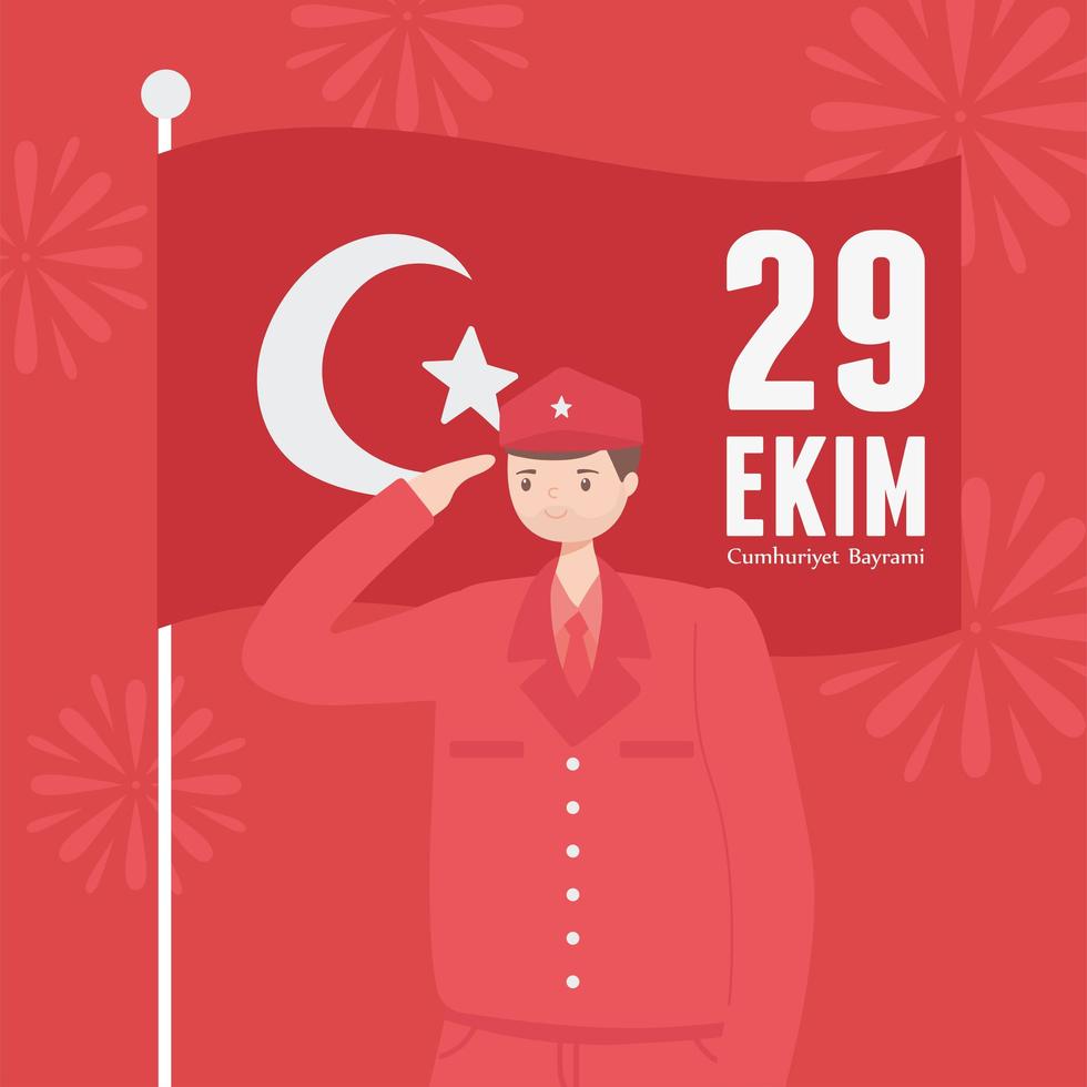turkije republiek dag. soldaat die met de vlag van de natie groet vector