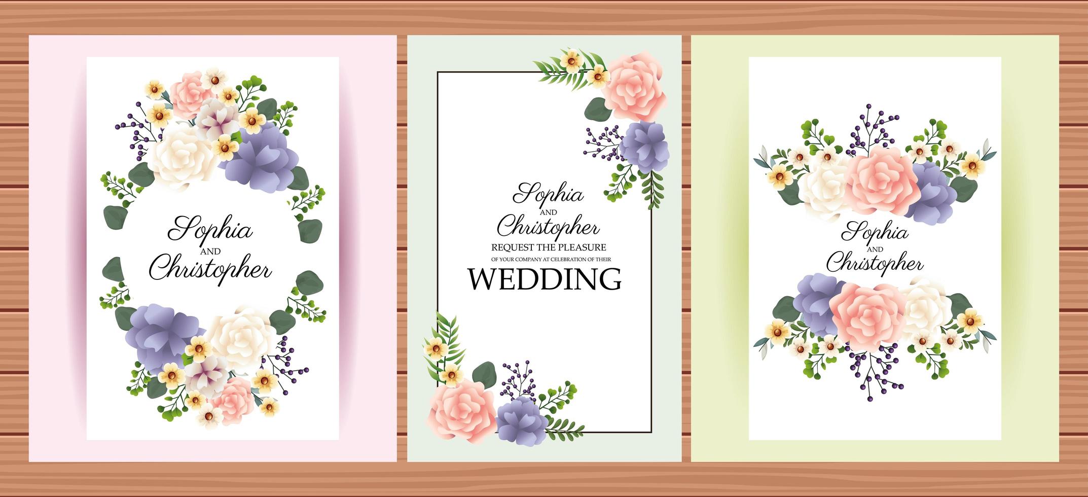 set verticale bloemen huwelijksuitnodigingen vector