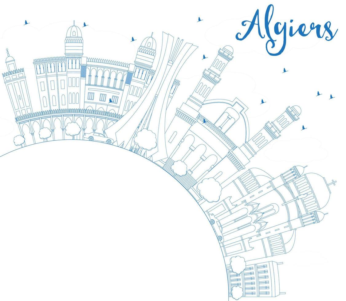 schets de skyline van Algiers met blauwe gebouwen en kopieer ruimte. vector