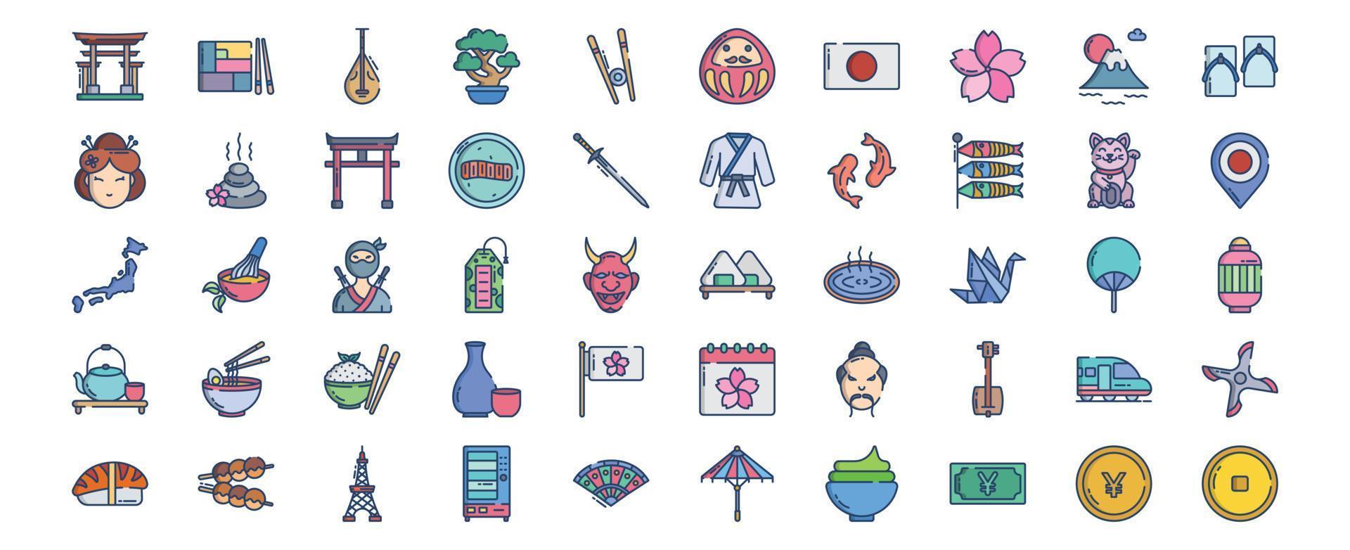 verzameling van pictogrammen verwant naar Japan land en cultuur icoon set, inclusief pictogrammen Leuk vinden bento, biwa, bonsai, karbonade stok en meer. vector illustraties, pixel perfect reeks