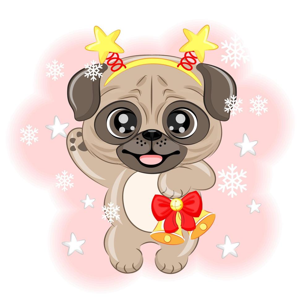 schattig hond mopshond met een klok Kerstmis vector illustratie