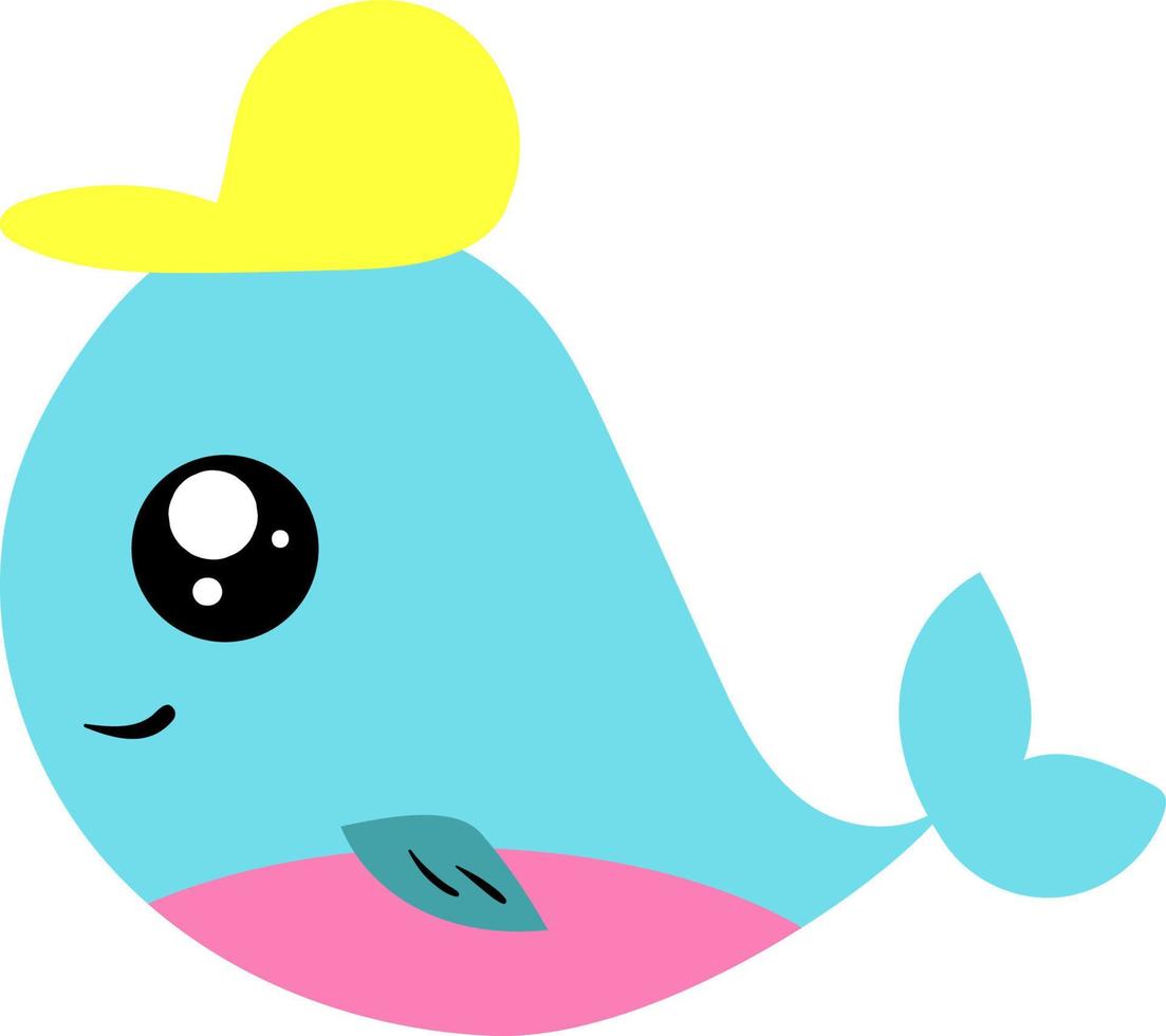 blauw weinig walvis met geel hoed, illustratie, vector Aan wit achtergrond.