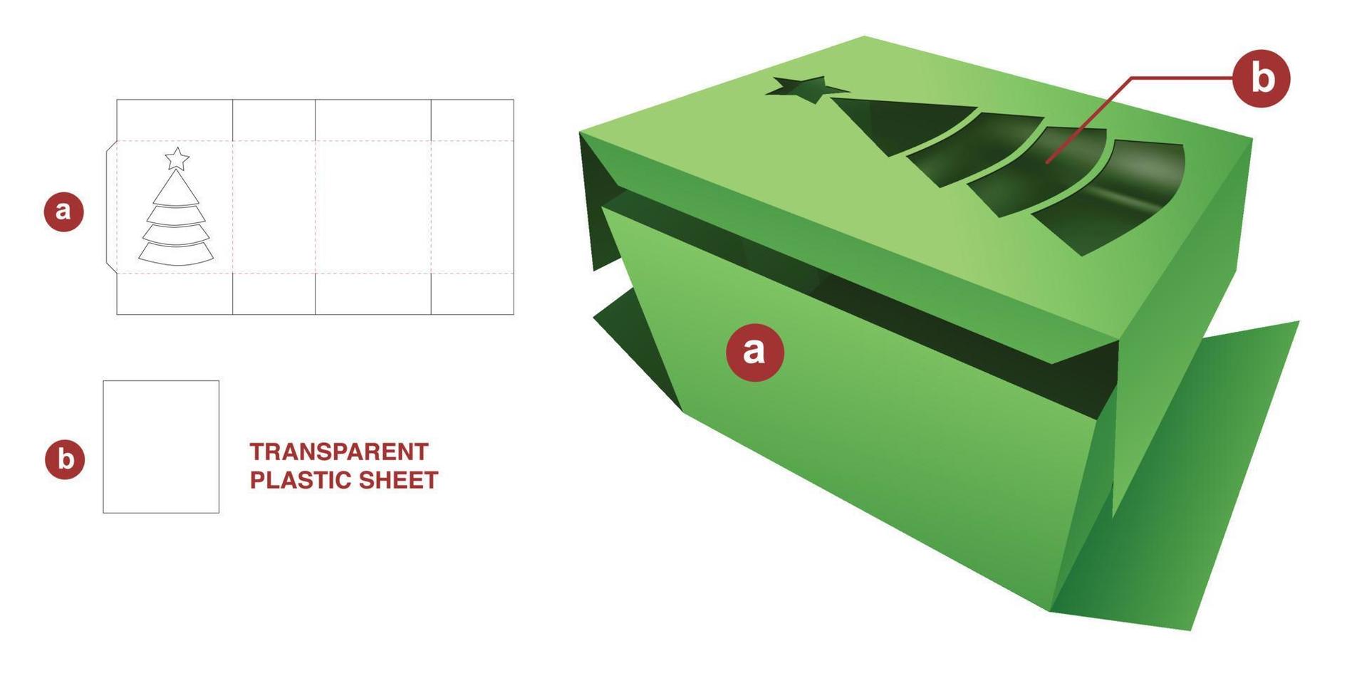 karton vouwen doos Kerstmis boom venster en transparant plastic vel dood gaan besnoeiing sjabloon en 3d mockup vector