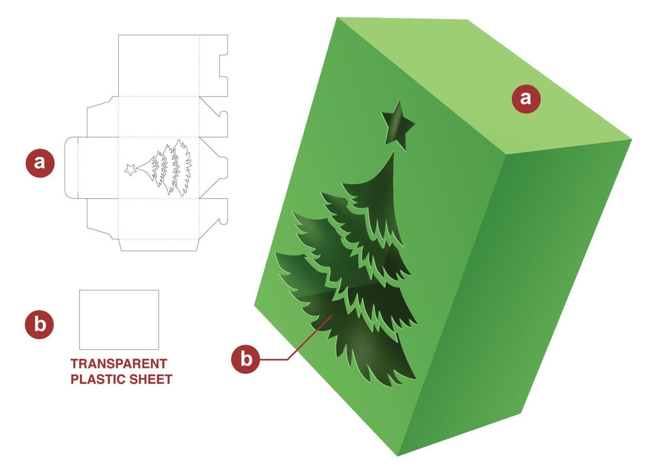 verpakking doos met Kerstmis boom venster dood gaan besnoeiing sjabloon en 3d mockup vector