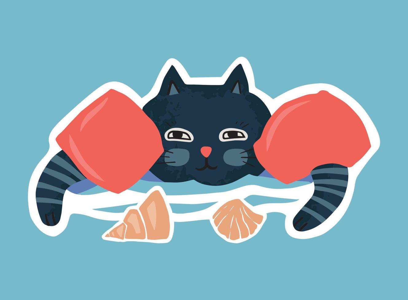 een schattig zomer sticker, een kat in zwemmen armbanden drijft Aan de golven. kinderen tekening illustratie in Scandinavisch stijl. vector