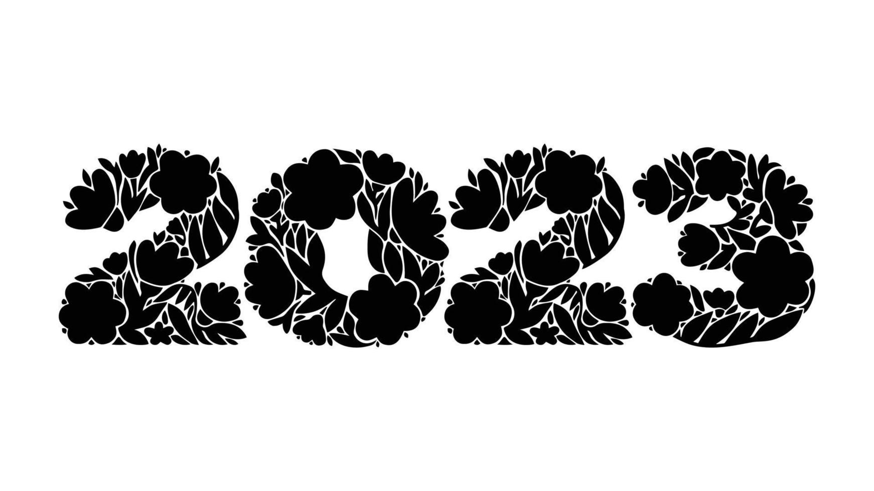 bloemen belettering 2023. zwart en wit vector illustratie geïsoleerd Aan wit achtergrond.